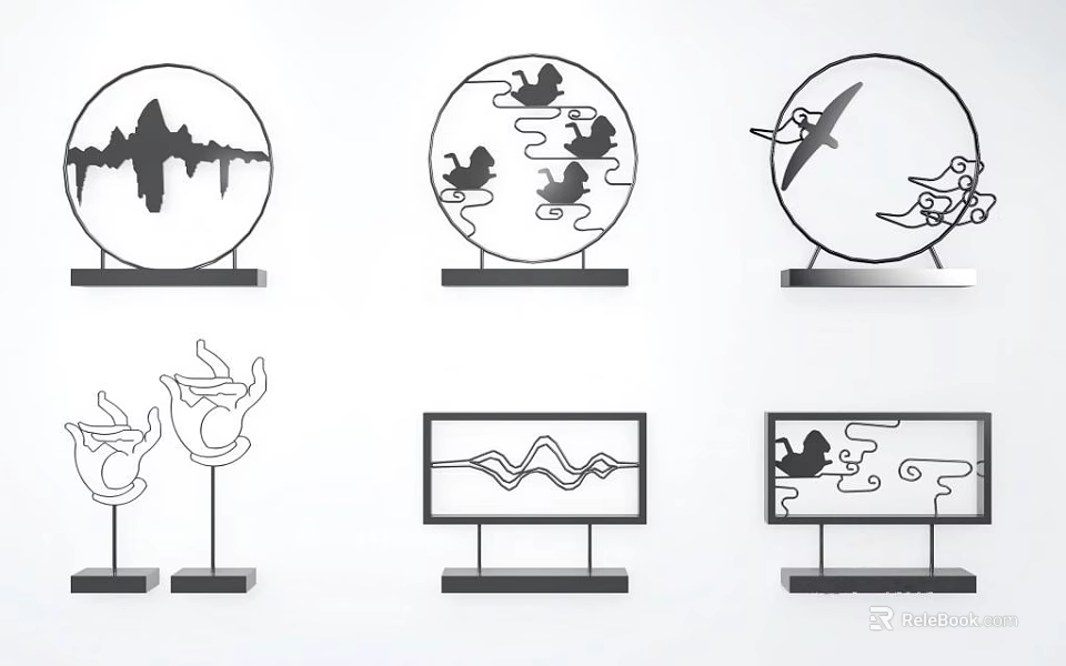Minimalist Chinese Line Art Decorative Ornament Set With Mountain Cloud Bird Wave Patterns 3d model 