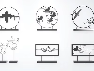 Minimalist Chinese Line Art Decorative Ornament Set With Mountain Cloud Bird Wave Patterns 3d model