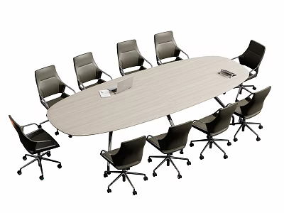 Oval Light Wood Conference Table With Black Swivel Office Chairs In Meeting Room 3d model