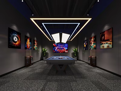 Billiard Room Interior With Table Ceiling Light Strips Paintings Cue Racks Large Screen And Plants 3d model