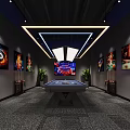 Billiard Room Interior With Table Ceiling Light Strips Paintings Cue Racks Large Screen And Plants
