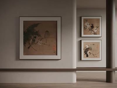 Traditional Style Landscape Paintings With Birds And Branches Hanging On Interior Room Wall 3d model