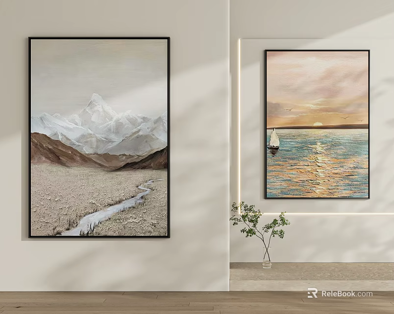 Two Landscape Paintings Hanging On White Wall 3d model