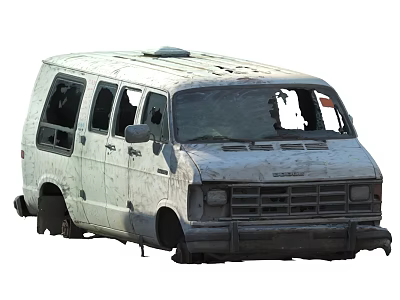 Old White Damaged Dirty Van With Broken Windows And Rusty Exterior 3d model