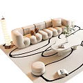 Modern White Sofa and Coffee Table Set with Brown Tufted Chair Green Plant and Rug