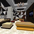 KTV Interior Design With Geometric Patterned Walls Chandelier Sofa And TV Screen