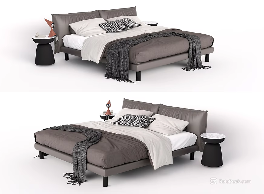 Grey Upholstered Double Bed With White Sheets Patterned Pillows Grey Throw And Side Tables 3d model 