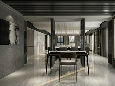 Modern Dining And Living Room Interior With Dining Table Chairs And Pendant Lighting 3d model