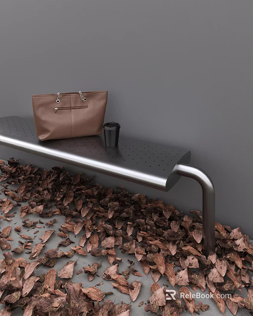 Sturdy Metal Outdoor Bench With Brown Bag Black Cup And Fallen Leaves By Gray Wall 3d model 