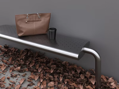 Sturdy Metal Outdoor Bench With Brown Bag Black Cup And Fallen Leaves By Gray Wall 3d model