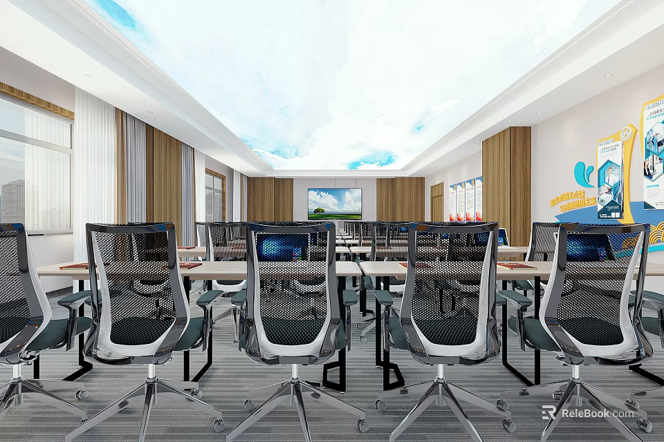Modern Spacious Conference Room Interior With Tables Chairs Computers Projector Windows And Curtains 3d model