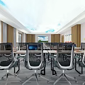 Modern Spacious Conference Room Interior With Tables Chairs Computers Projector Windows And Curtains 3d model