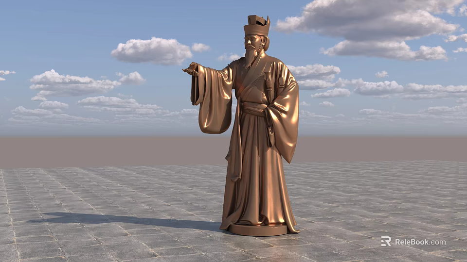 Ancient Figure Landscape Sculpture With Robe Hat And Golden Material Under Blue Sky 3d model 
