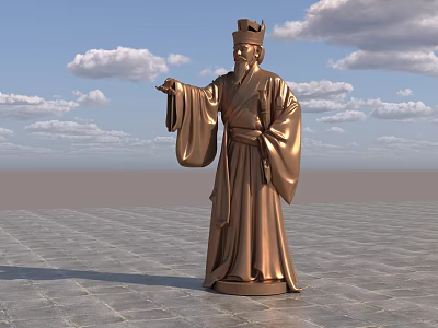 Ancient Figure Landscape Sculpture With Robe Hat And Golden Material Under Blue Sky 3d model