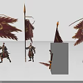 Armored Fantasy Characters and Creatures Wielding Red Gold Flags on Spears 3d model