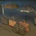 Everyday Travel Accessories Collection Featuring Umbrellas Handbags Suitcases Glasses and Wallets