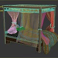 Double Bed With Wooden Frame Metal Railings Beige Patterned Canopy And Blue Orange Bedspread