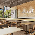 Modern Restaurant Interior With Wooden Walls Menu Posters Counter Dining Tables And Chairs