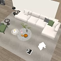Modern Sofa Coffee Table Set With Round Stone Top Fruit Bowl Plant And Area Rug
