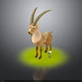 3D Rendered Antelope With Long Curved Horns Standing On Green Grass Near Small White Flower
