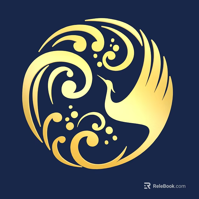 Golden Phoenix Themed Carving with Intricate Wave Patterns and Circular Design on Dark Blue Background 3d model 