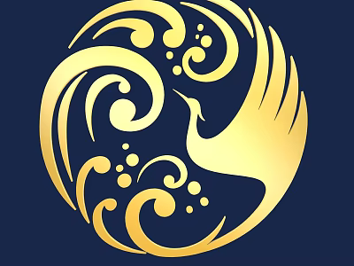 Golden Phoenix Themed Carving with Intricate Wave Patterns and Circular Design on Dark Blue Background 3d model