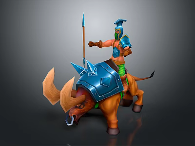 Blue Armored Fantasy Warrior Riding Horned Brown Rhino With Spear 3d model