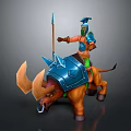 Blue Armored Fantasy Warrior Riding Horned Brown Rhino With Spear