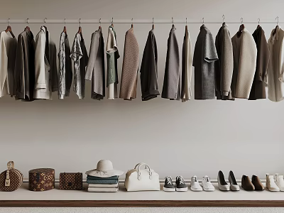 Stylish Clothes Hanging On Hangers With Matching Bags Hats And Shoes In Wardrobe 3d model