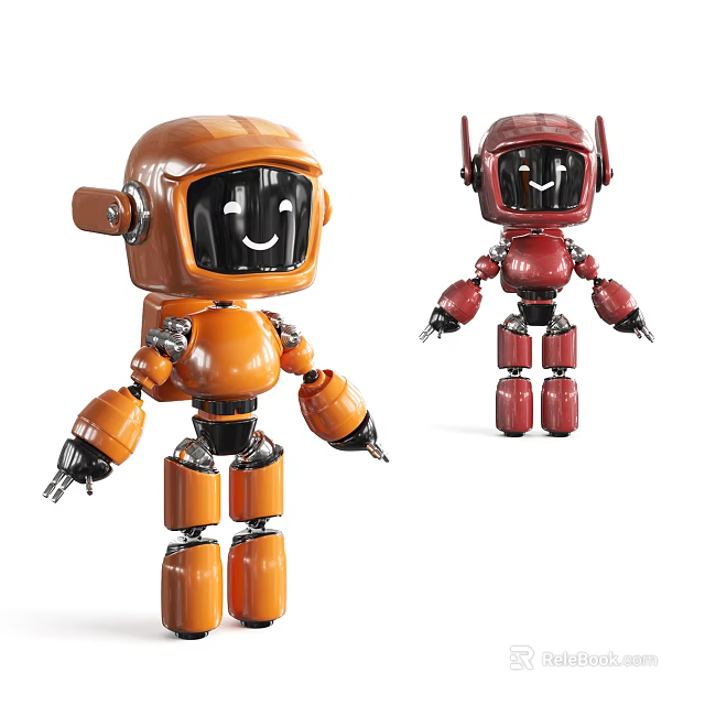 Smart Robot Playful Figures in Orange and Red with Cute Smiling Face Design 3d model 