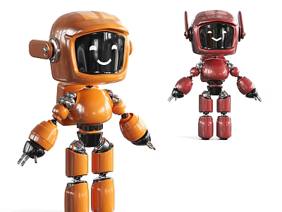Smart Robot Playful Figures in Orange and Red with Cute Smiling Face Design 3d model
