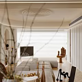 Modern Living Dining Room Interior With White Sofa Bookshelf Fireplace Circular Ceiling And Wooden Floor
