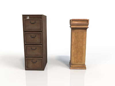 Two Classic Wooden Furniture Pieces Dark Chest With Four Drawers And Light Decorative Column 3d model