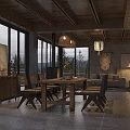 Modern Cozy Living Dining Room With Large Panoramic Lake View Windows Comfortable Furniture And Fireplace