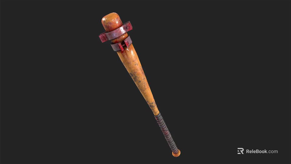 Vintage Wooden Baseball Bat Weapon With Red Decorative Bands And Wrapped Handle 3d model 