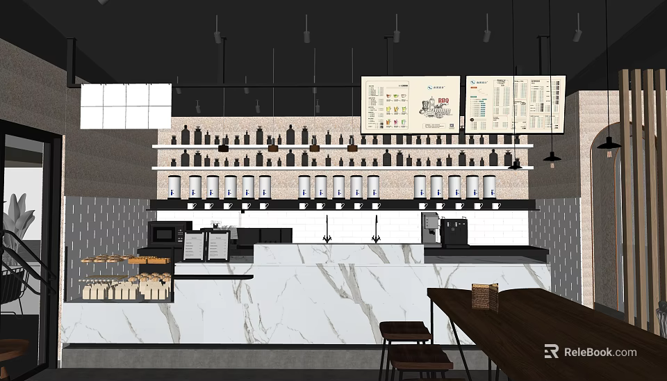 Modern Milk Tea Shop Interior With Marble Counter Hanging Menu Boards And Wooden Tables 3d model 