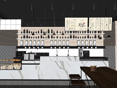 Modern Milk Tea Shop Interior With Marble Counter Hanging Menu Boards And Wooden Tables 3d model