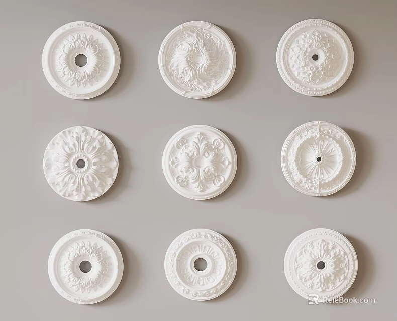 White Decorative Ceiling Medallions Featuring Various Ornate Patterns On Gray Backdrop 3d model