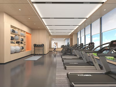Bright Modern Fitness Gym Interior With Treadmills Large Windows And Wooden Walls 3d model