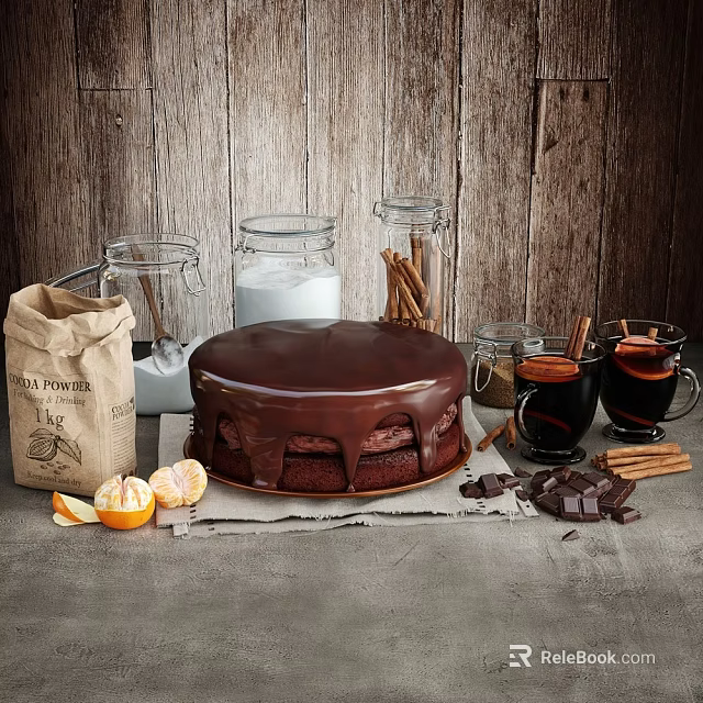 Delicious Chocolate Cake With Chocolate Chunks Cinnamon Sticks Hot Drinks Flour And Orange Slices 3d model 