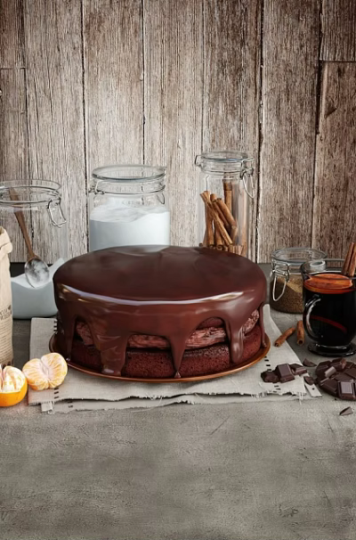 Delicious Chocolate Cake With Chocolate Chunks Cinnamon Sticks Hot Drinks Flour And Orange Slices 3d model