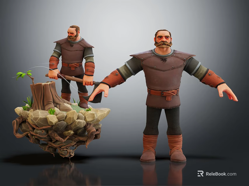 Medieval Male Characters With Sapling And Tree Stump On Rocky Natural Platform 3d model 
