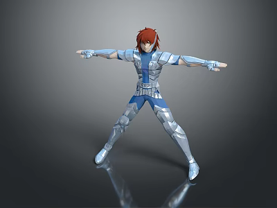 Dynamic Game Movie Character With Red Hair And Blue Silver Armor In Stretched Arms Pose 3d model
