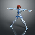 Dynamic Game Movie Character With Red Hair And Blue Silver Armor In Stretched Arms Pose