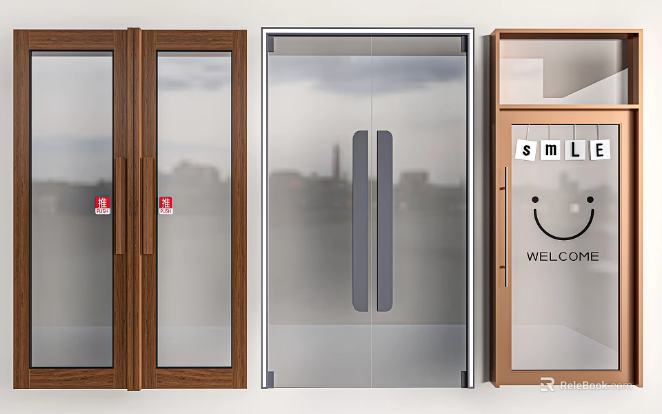 Swing Doors With Wooden Metal Frames Glass Panels Smile Sign And Welcome Lettering 3d model 