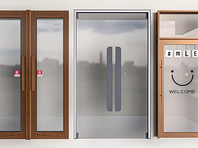 Swing Doors With Wooden Metal Frames Glass Panels Smile Sign And Welcome Lettering 3d model