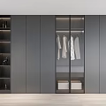 Modern Gray Wardrobe With Glass Doors Open Shelves Hanging Clothes And Storage Space