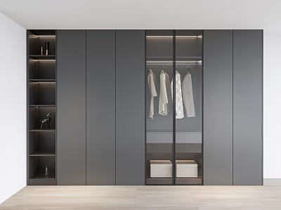 Modern Gray Wardrobe With Glass Doors Open Shelves Hanging Clothes And Storage Space 3d model