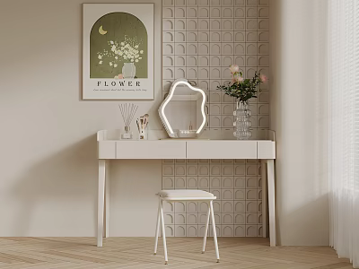 White Dressing Vanity Table With Mirror Vase And Flower Poster On Geometric Wall 3d model