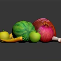 Fresh Assorted Food Items Including Ham Watermelon Pomegranate Apples Bananas Carrot on Dark Reflective Surface